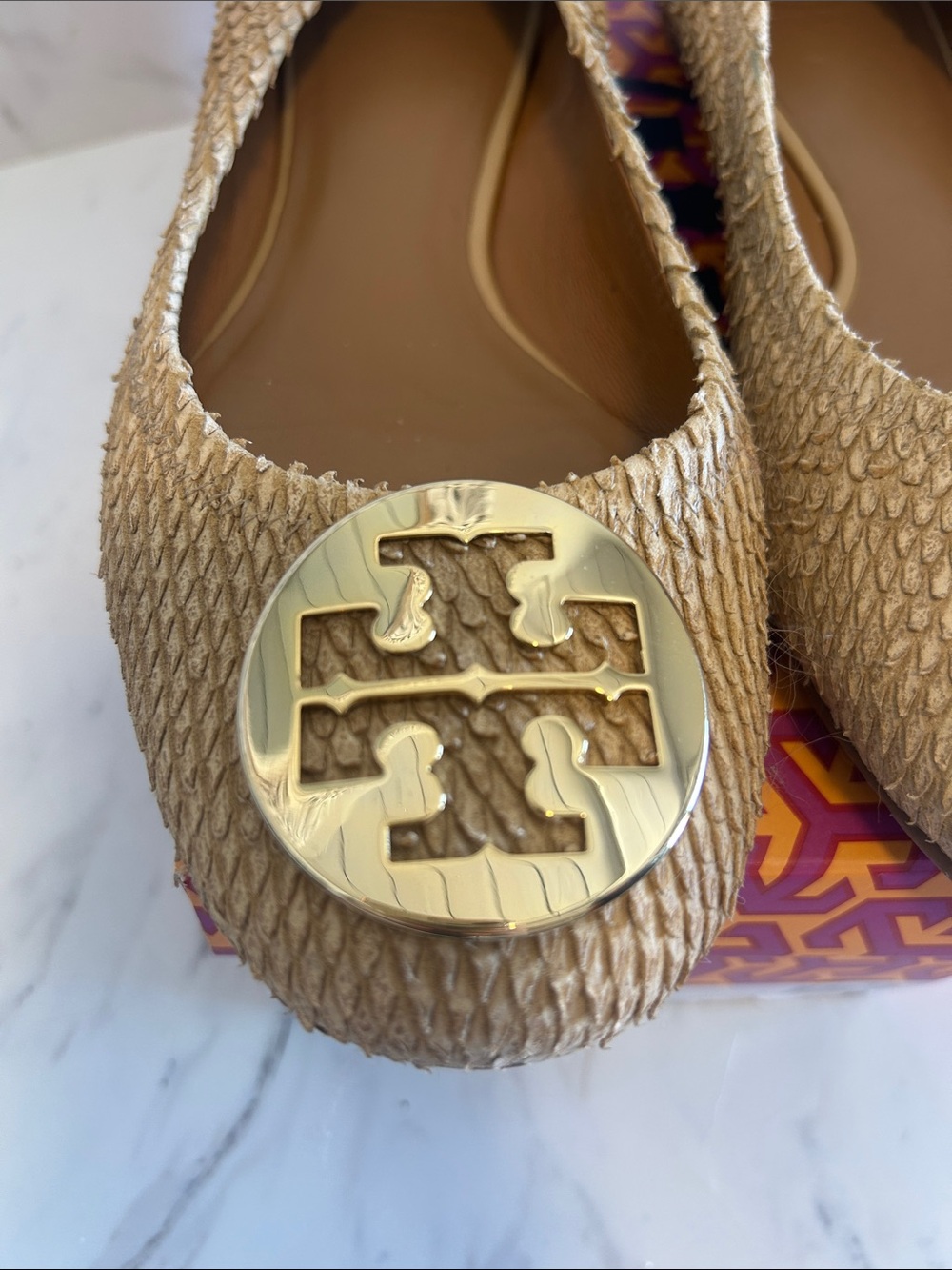 Tory Burch Metallic Gold Reva Logo Ballet Flats - Picture 3 of 12